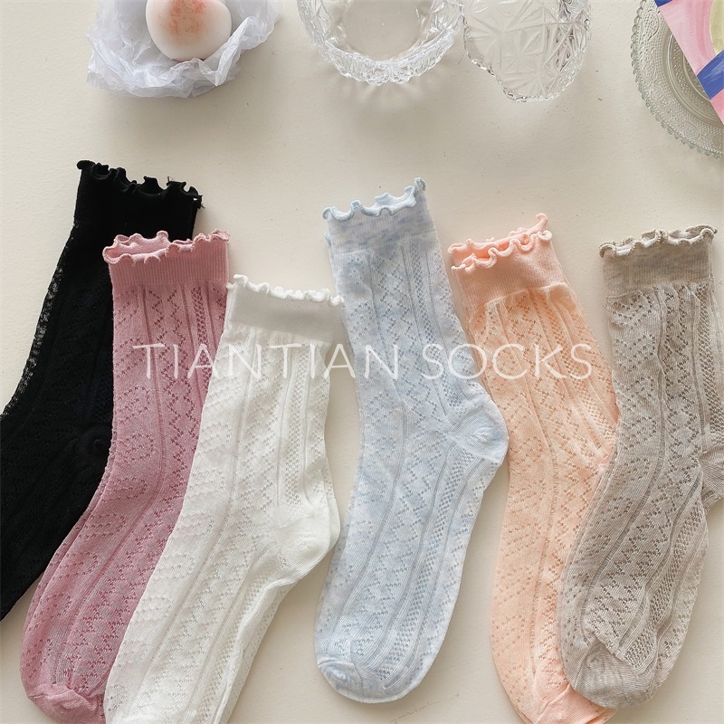 TIANTIAN T228 Tất nữ cao cổ mỏng Vớ Lưới Rỗng Bằng Cotton Thoáng Khí Màu Trơn Dễ Thương Thời Trang Mùa Hè Cho Nữ