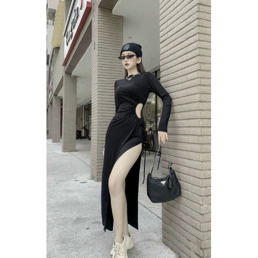FASHIONISTA Đầm body khoét eo rút xẻ tà (borip cotton) dài tay - váy ôm freesize dưới 53kg - Màu: Đen trơn