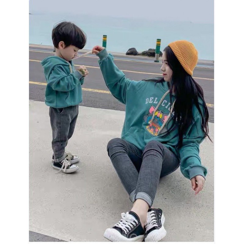 ÁO NỈ ĐÔI HOODIE XANH CHUỘT DELI CHO MẸ VÀ BÉ HÀNG ĐẸP BÁN SHOP