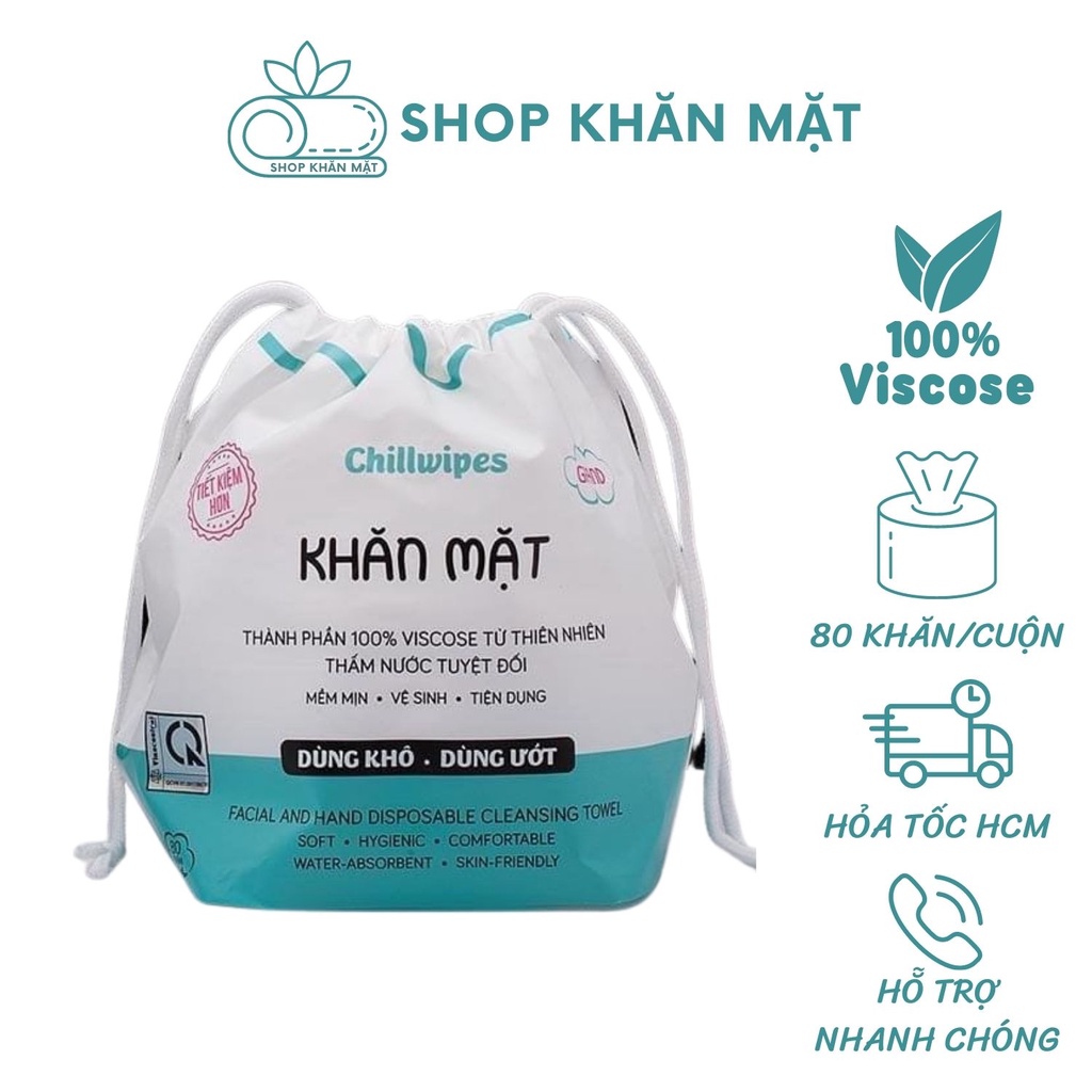 Combo 2 cuộn khăn mặt khô Chillwipes dùng 1 lần, khăn lau mặt khô 80 khăn/cuộn