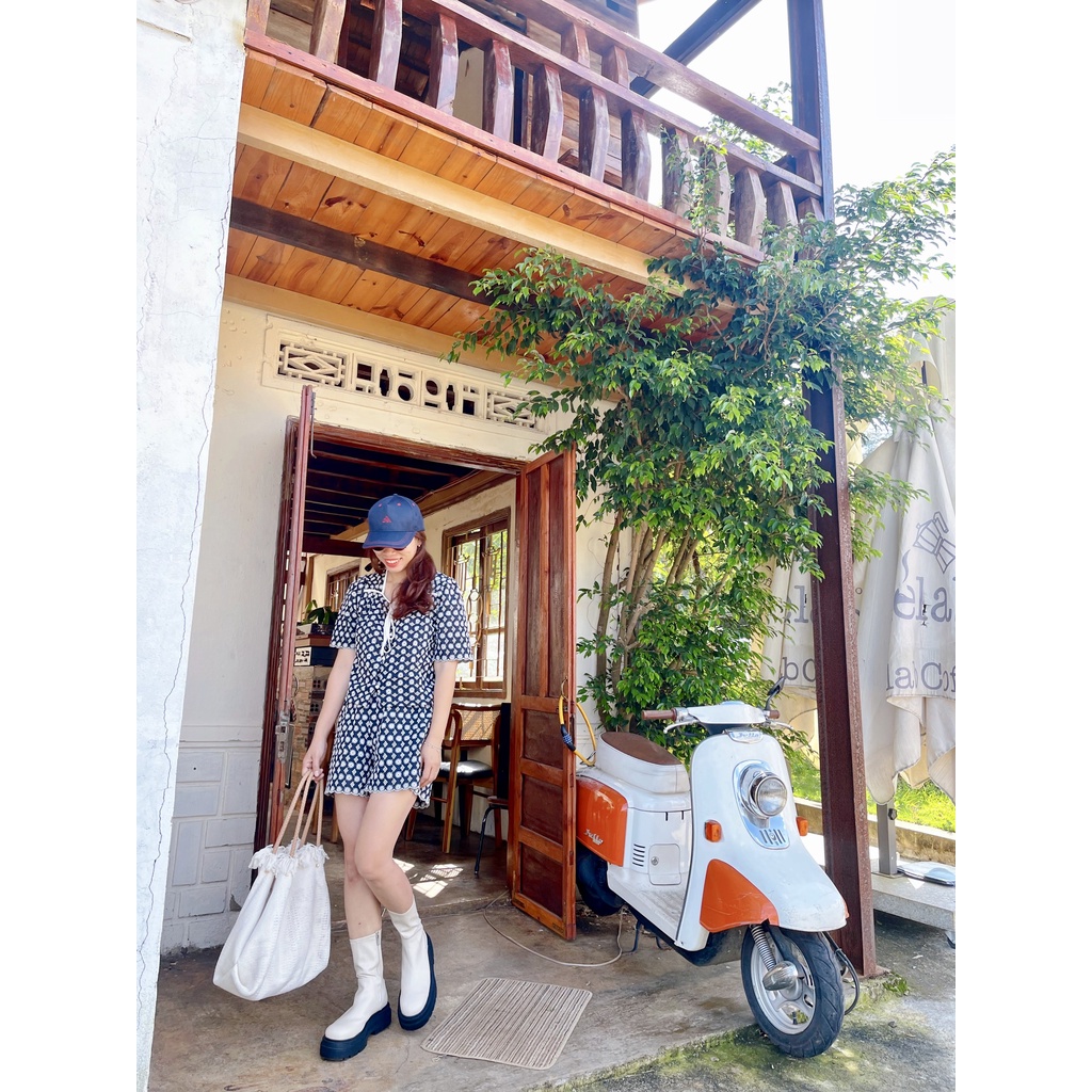 (HÀNG SẴN) Set Áo + Quần đùi chất ren thêu màu xanh đen đậm