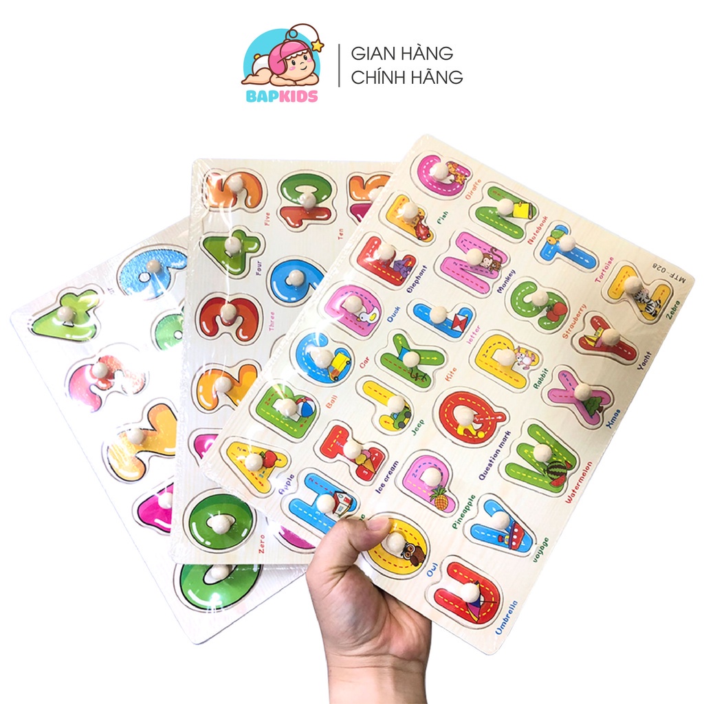 Đồ chơi giáo dục BAPKIDS, Combo 3 Bảng Núm Gỗ Chữ Cái, Số, Phép Tính