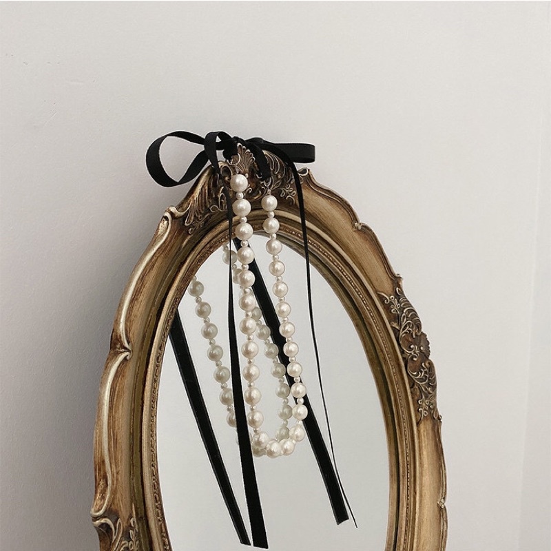 Dây chuyền ngọc trai nhân tạo choker ruy băng đen