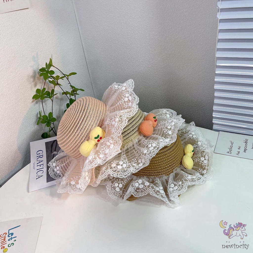 Nón Cói Vành Rộng Phối Ren Thoáng Khí Đính Nơ Họa Tiết Quả Cherry Phong Cách Hàn Quốc Cho Bé Gái