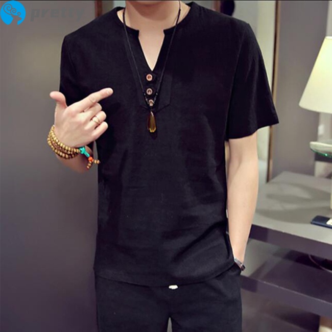 Jazeel Men T-shirt Cotton And Linen Solid Color Cotton V-neck Short-sleeve T-shirt