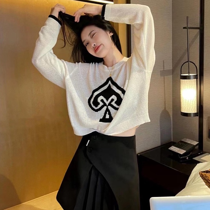 Áo ZHELIHANGFEI dệt kim tay dài lưng cao quyến rũ thời trang xinh xắn cho nữ