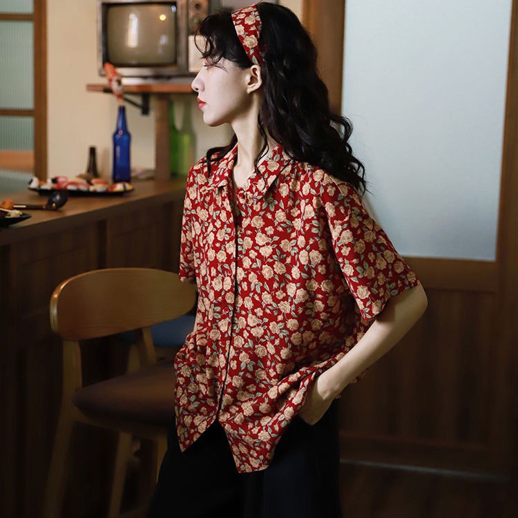 Áo Sơ Mi Tay Ngắn Dáng Rộng In Hoa Kiểu Vintage Hàn Quốc Dễ Thương Cho Nữ