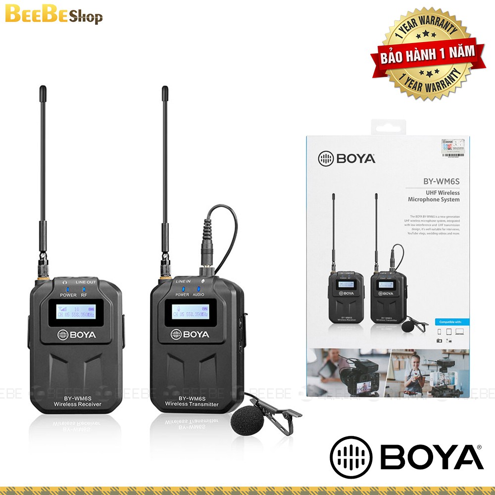 BOYA BY-WM6S - Mic Cài Áo Không Dây Cho Điện Thoại, Máy Ảnh, Máy Quay,Sóng UHF, Phạm Vi 70m