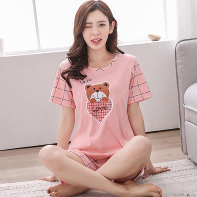 Đồ bộ mặc nhà ngắn tay dáng rộng in hình hoạt hình dễ thương cho nữ