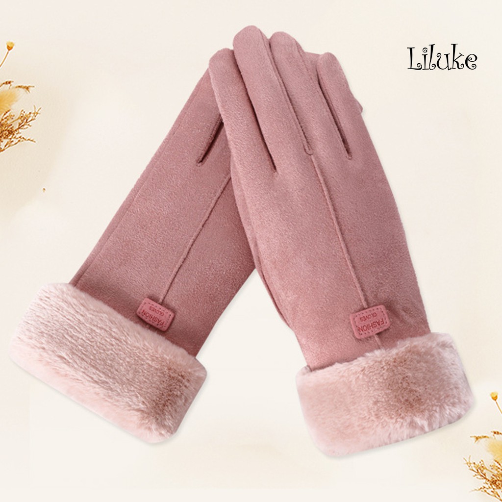 Găng Tay Da Lộn Lót Lông Dày Dặn Có Thể Chạm Màn Hình Cảm Ứng Dành Cho Nữ