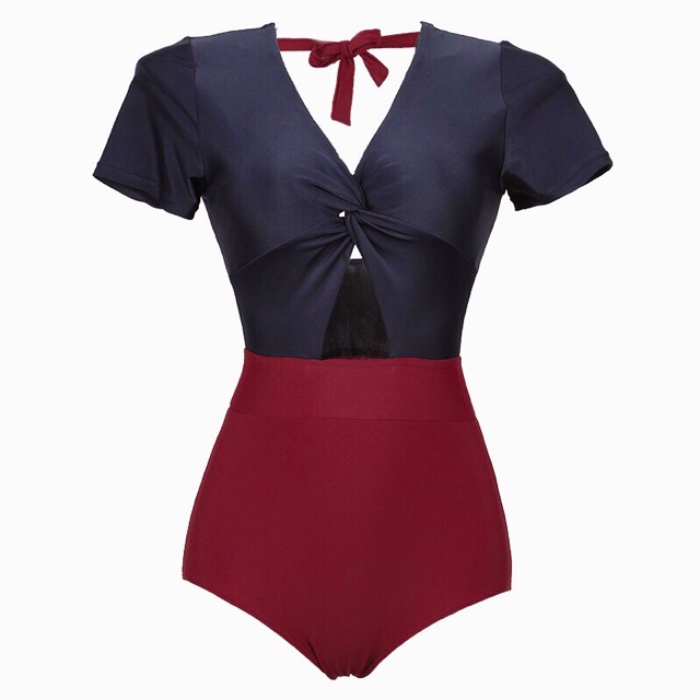 [Mã FASHIONGREEN hoàn 10% tối đa 50K xu đơn 300K] Bikini 1 mảnh tay ngắn phối 2 màu đen - đỏ kín đáo | BigBuy360 - bigbuy360.vn