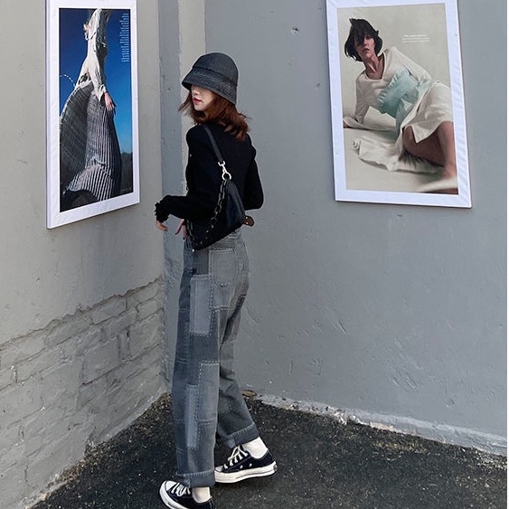 Quần Jean Dài Lưng Cao Dáng Suông Rộng Màu Đen Có Size Lớn