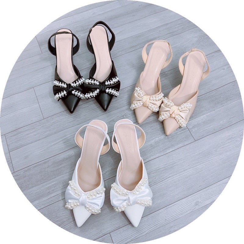 Giày sandal nữ cao gót mũi nhọn nơ lụa bóng viền ngọc gót nhọn 6cm