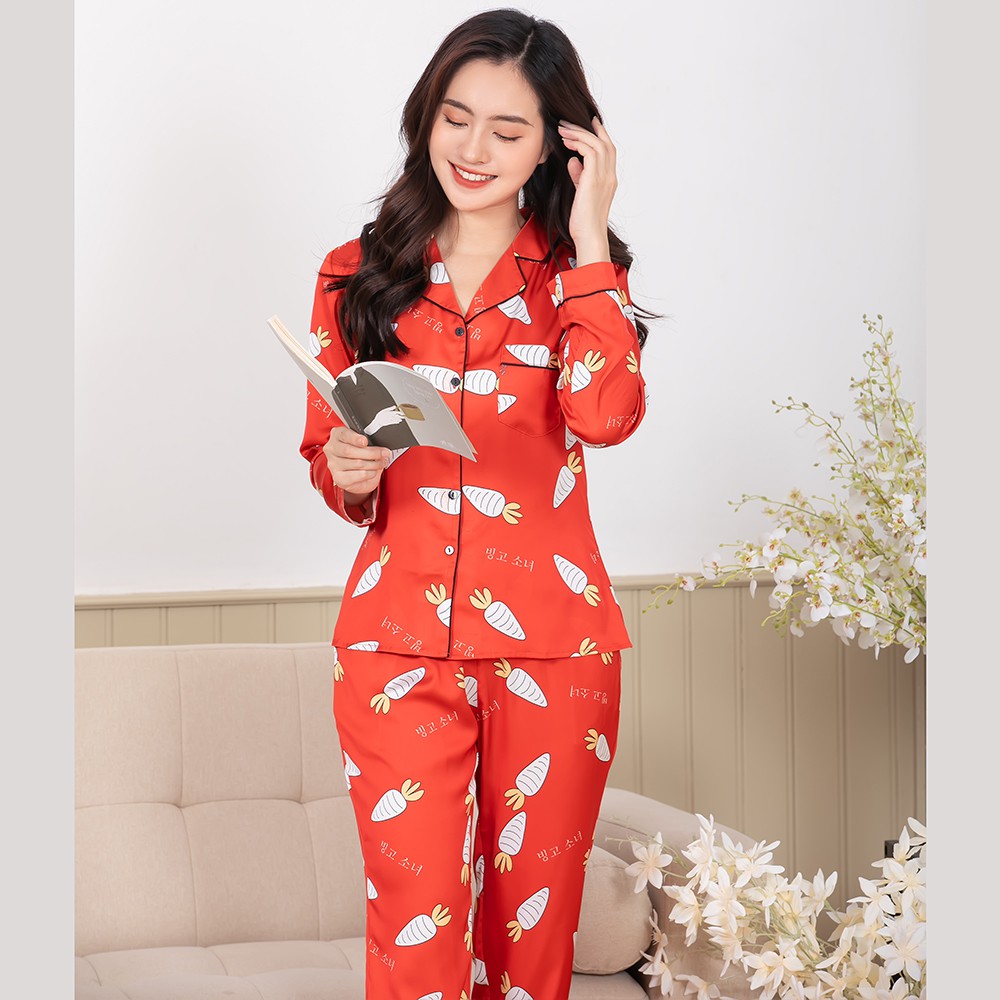 VINGO Đồ Bộ Pijama Mặc Nhà Nữ Tay Dài Quần Dài Chất Liệu Lụa Pháp Cao Cấp Họa Tiết Cà Rốt Nền Đỏ Đậm H236 VNGO