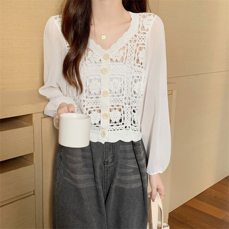 Áo Khoác Cardigan Chiffon Tay Dài Phồng Cổ Chữ V In Họa Tiết Hoa Thời Trang Cho Nữ
