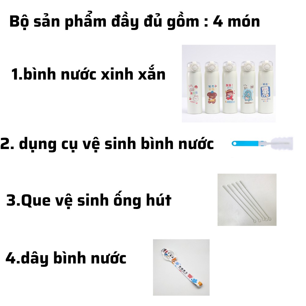 Bình giữ nhiệt INOX 304 ,bình giữ nhiệt họa tiết dễ thương dung tích 500ml , bình nước có ống hút có dây