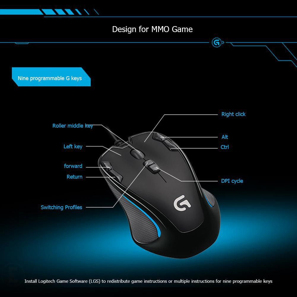 Logitech G300s Ambidextrous Optical Gaming Mouse 9 Programmable Buttons