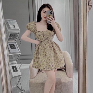 Váy gấm nhăn nơ ngực