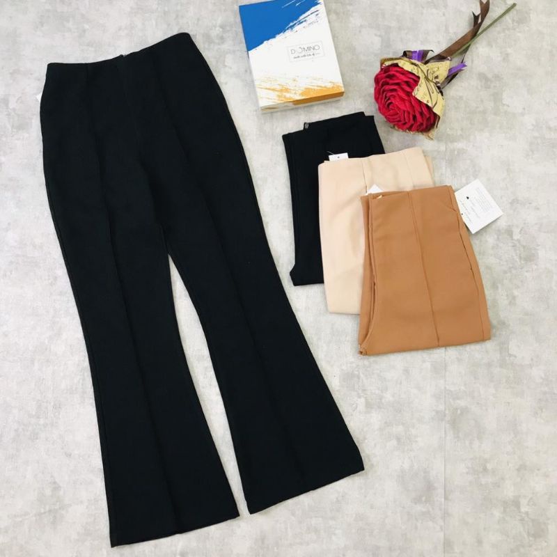 Quần ống loe lưng cao gân trước vải tuyết mưa