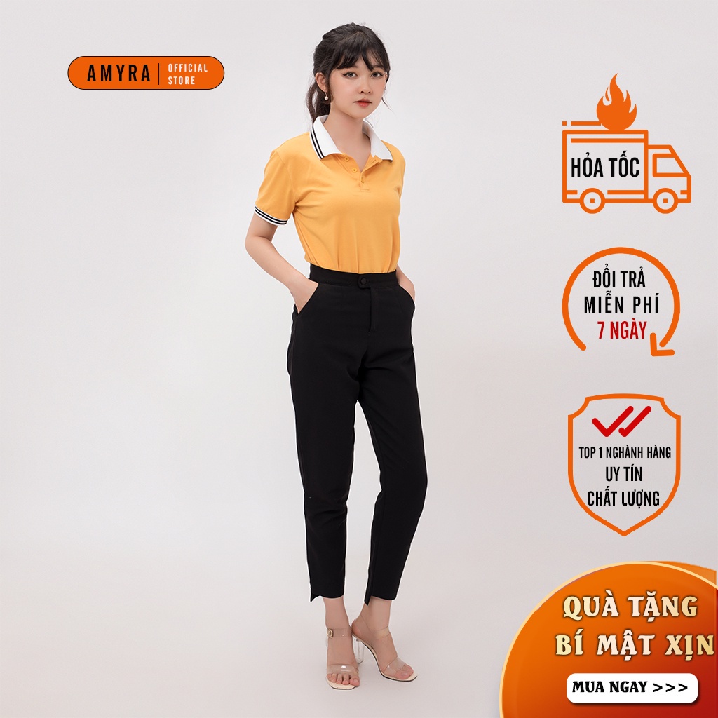 Áo polo nữ AMYRA co giãn có cổ form rộng công sở có cổ basic vải cotton thun phông trơn trắng đen AT021 | BigBuy360 - bigbuy360.vn