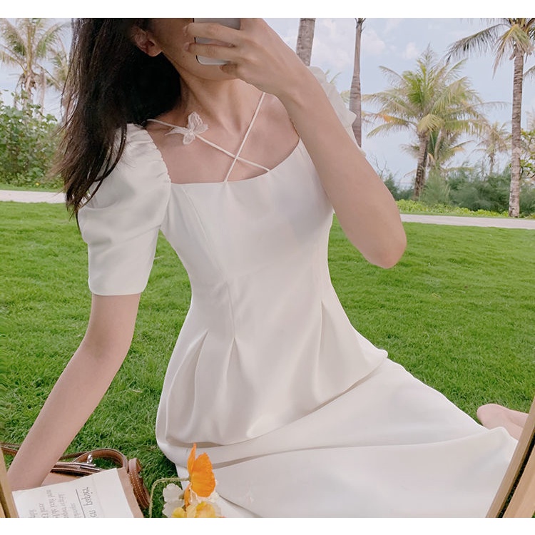 Đầm tay phồng cổ vuông màu trắng thích hợp đi biển, Đầm dài cổ vuông tay ngắn màu trơn phong cách Retro- VD01