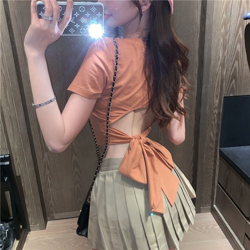 Áo Thun Croptop Hở Lưng Dáng Ôm Cột Nơ Thời Trang Mùa Hè Quyến Rũ Cho Nữ