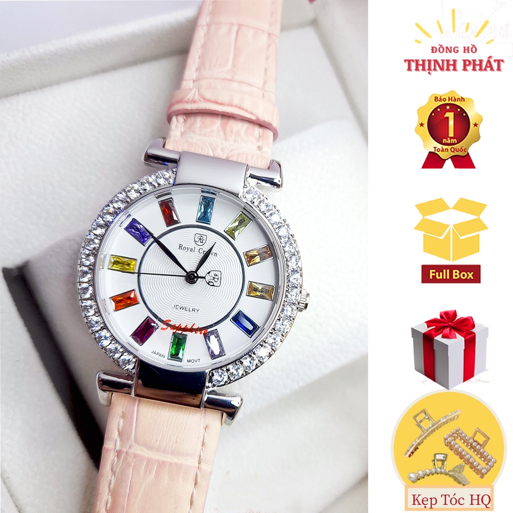 Đồng Hồ Nữ Dây Da Chính Hãng Royal Crown Kính Sapphire Đính Đá Cao Cấp