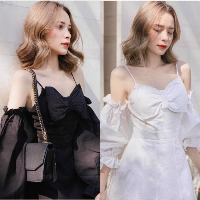 Đầm xoè trễ vai nơ ngực | BigBuy360 - bigbuy360.vn