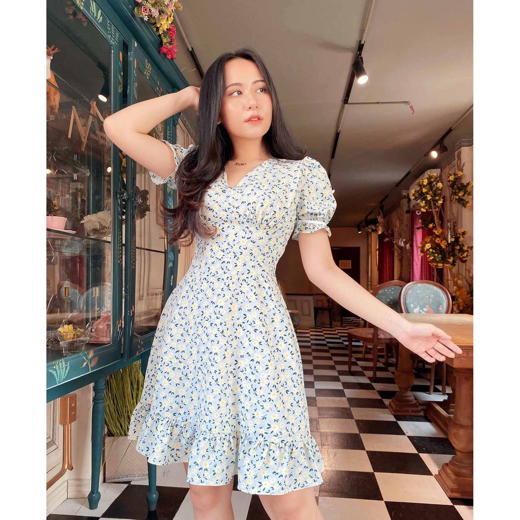[Mã SKAMA06 giảm 8% tối đa 50K đơn 250K] Váy hoa nhí xanh mềm mát cho chân ngắn thả dáng | BigBuy360 - bigbuy360.vn