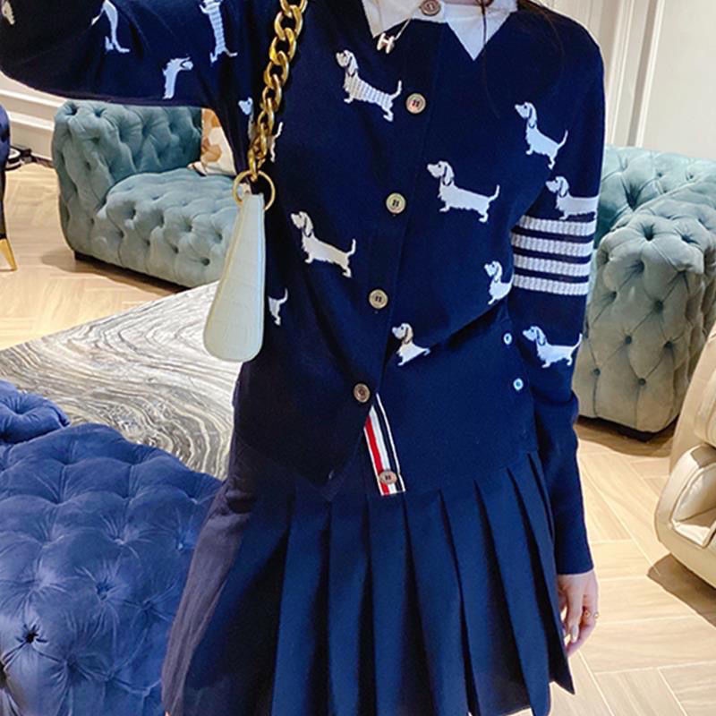 Áo Cardigan Dệt Kim Tay Dài Cổ Tròn Giả Bốn Sọc Phiên Bản Cao Cấp Phong Cách Preppy Anh Quốc