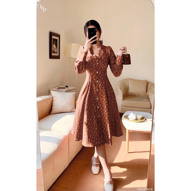 Đầm midi hoa nhí nâu tây vintage tay phồng dài NÀNG CLOSET