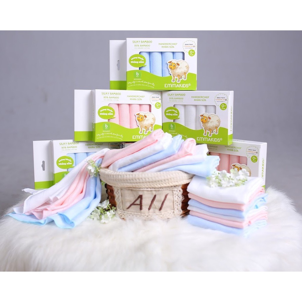 Hộp 6 khăn sữa sợi tre cao cấp Emma Kids cho bé