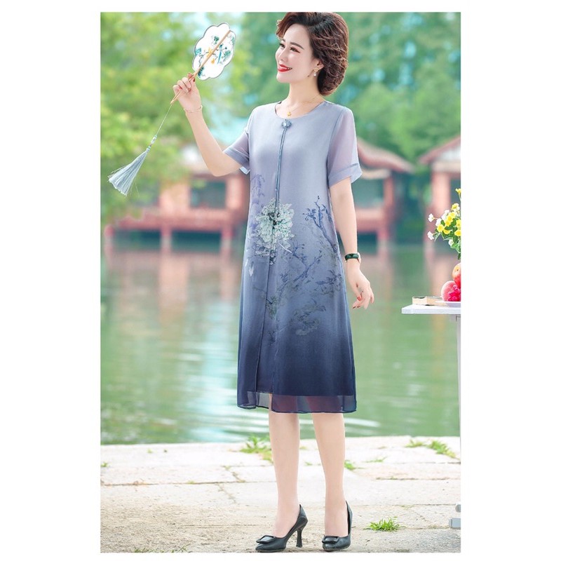 Đầm voan trung niên nữ cao cấp, hoạ tiết hoa chìm trẻ trung, màu sắc sang trọng, quý phái NV0695