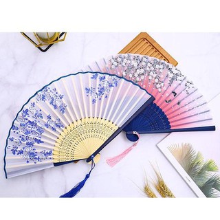 (Nhiều mẫu) Quạt xếp cầm tay dây tuyến cổ trang nan 21 cm phong cách Trung Quốc quà tặng xinh xắn