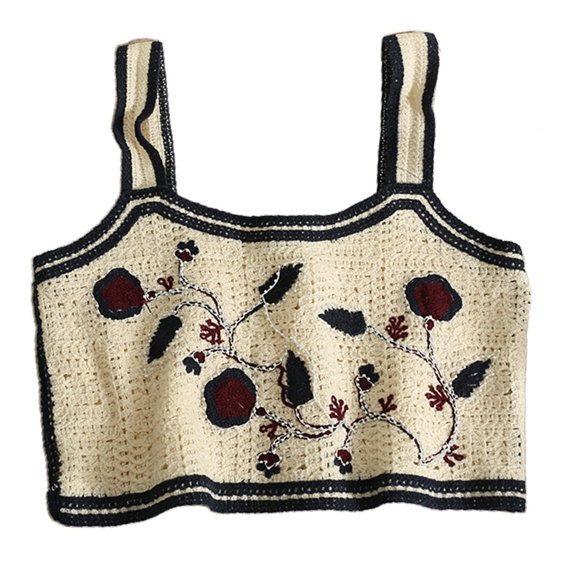 Áo Croptop Dệt Kim Sát Nách Thêu Hoa Đính Hạt Dễ Thương Cho Nữ