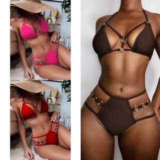 Set bikini cutout khuy tròn hồng neon/nâu/đỏ