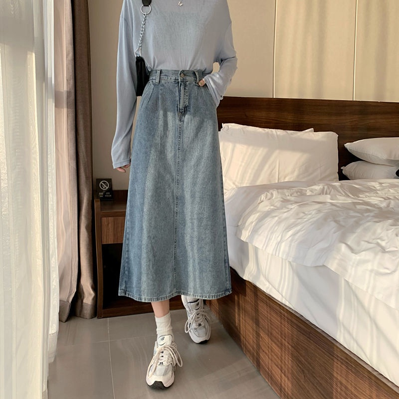 COZOK Chân váy jean Lưng Cao Phong Cách Hàn Quốc