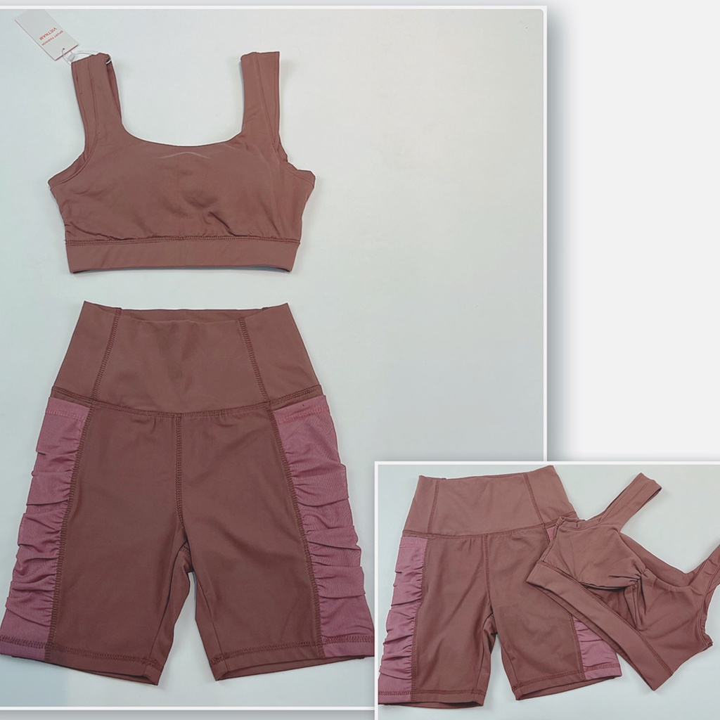 Set Tập Gym Nữ Quần Lỡ Trên Gối, Phối Túi Lưới Nhún Cực Xinh