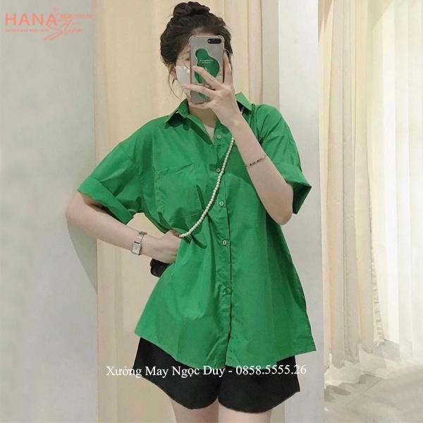 Áo sơ mi nữ form rộng tay ngắn kiểu hàn quốc màu Trắng Xanh Cốm Nâu oversize phiên bản áo sơ mi trắng nữ đi học cổ bẻ V