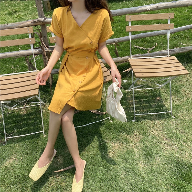 IELGY IELGY Đầm Nữ Dáng Vừa Màu Vàng Phong Cách Cổ Điển Thời Trang Xinh Xắn