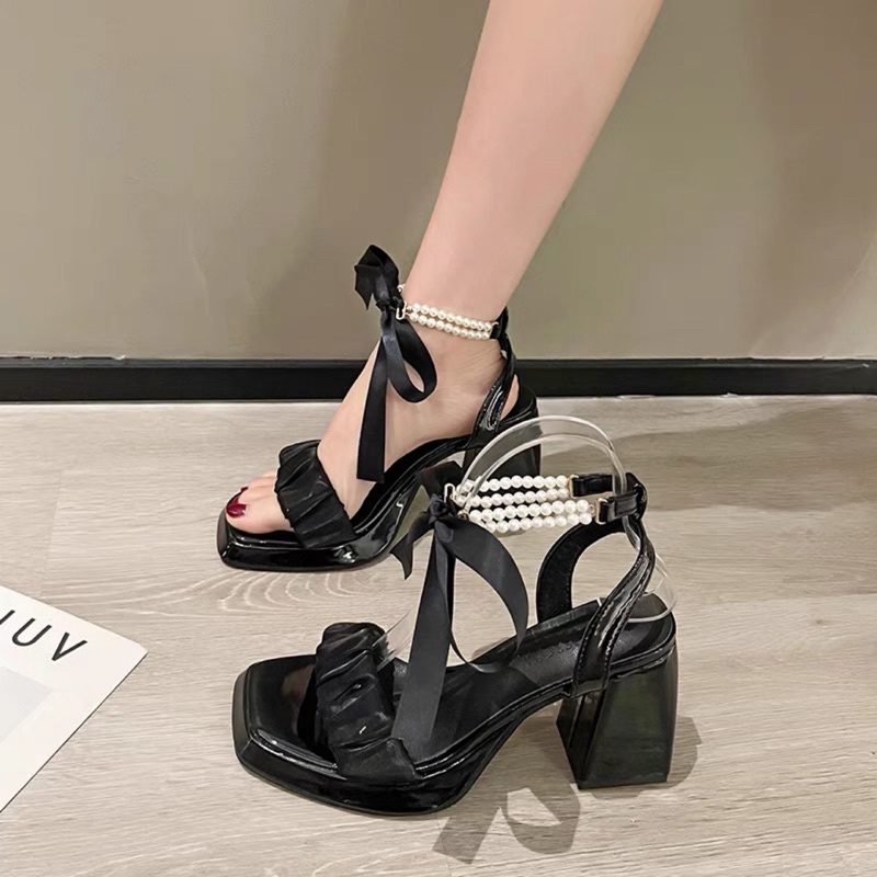 Ỏder  _ Giày cao gót nữ đế trụ phối nơ lụa quai ngọc siêu cá tính
