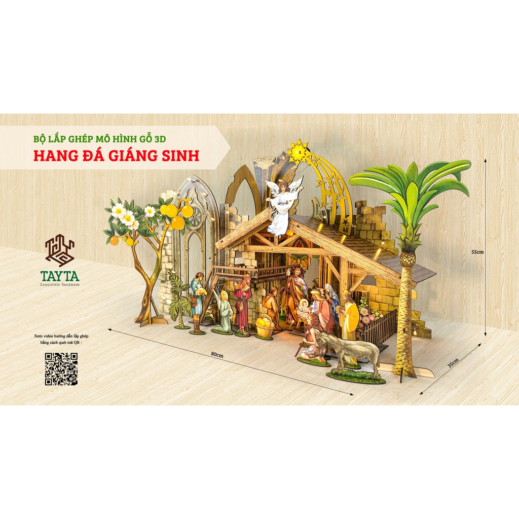 Bộ lắp ghép Mô hình Gỗ 3D HANG ĐÁ GIÁNG SINH kích thước lớn 80cm x 55cm - TAYTA