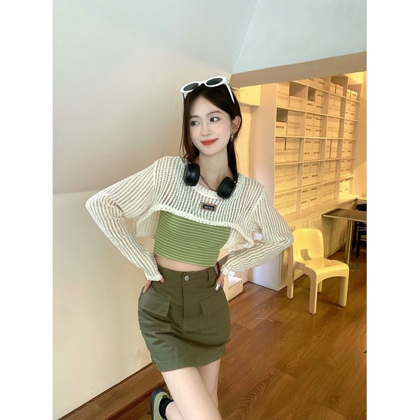 sét áo hai dây dáng ôm kèm cardigan luới phong cách hàn hàng Quảng châu đẹp (có sẵn)
