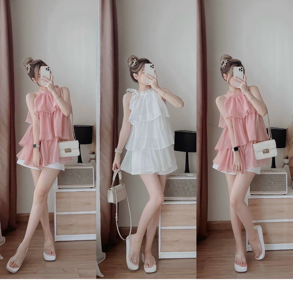 Set Nữ , Set Bộ Áo Cổ Yếm Tầng 2 Màu Trắng Hồng , Set Bộ Yếm Lụa Kèm Quần Ngắn Tapta Màu Trắng Cực Dễ Thương
