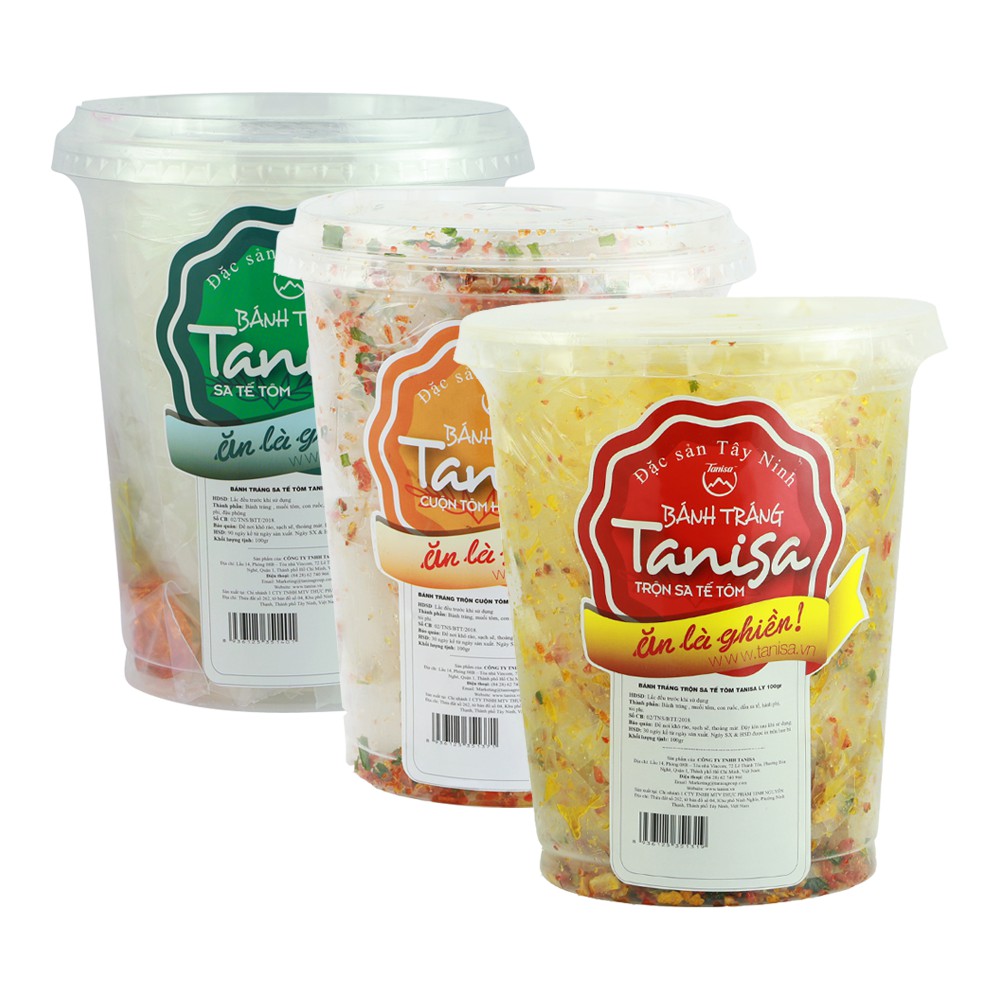 Combo 03 hộp Bánh tráng trộn Tây Ninh TANISA siêu ngon - Sa tế tôm + Cuộn tôm hành + ngũ vị