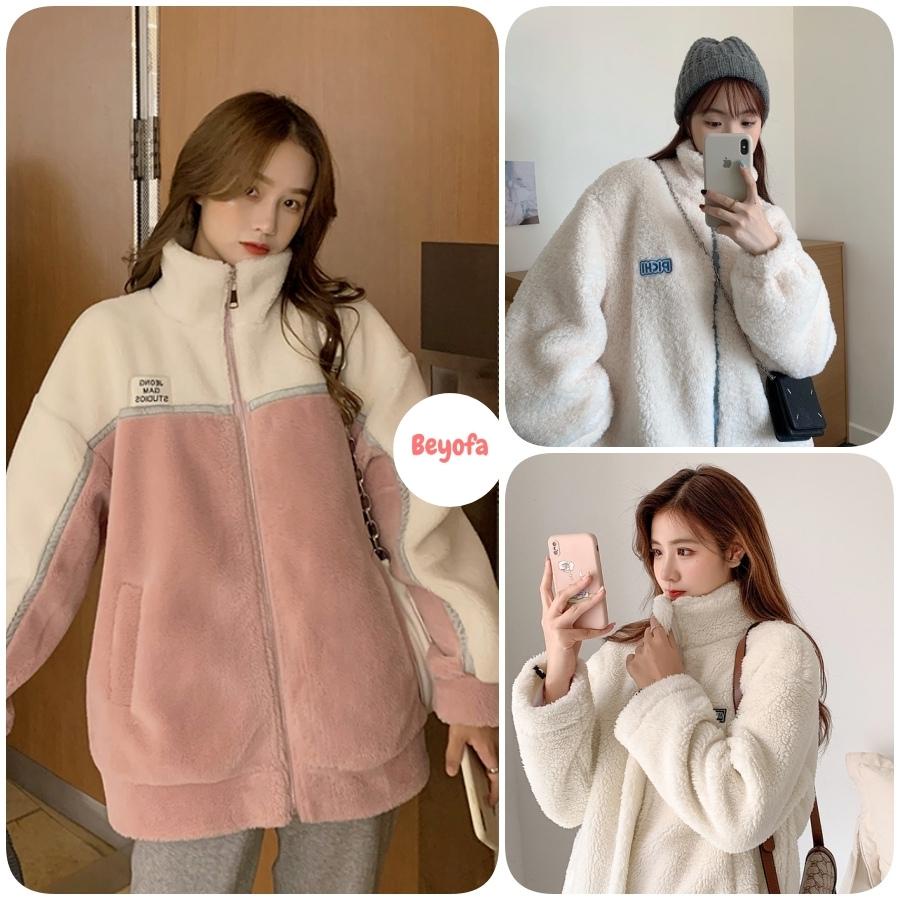Áo Khoác Nữ Lông Cừu In Logo JEONG Hồng Trắng - Áo Lông Nữ Phong Cách Hàn Quốc Ulzzang