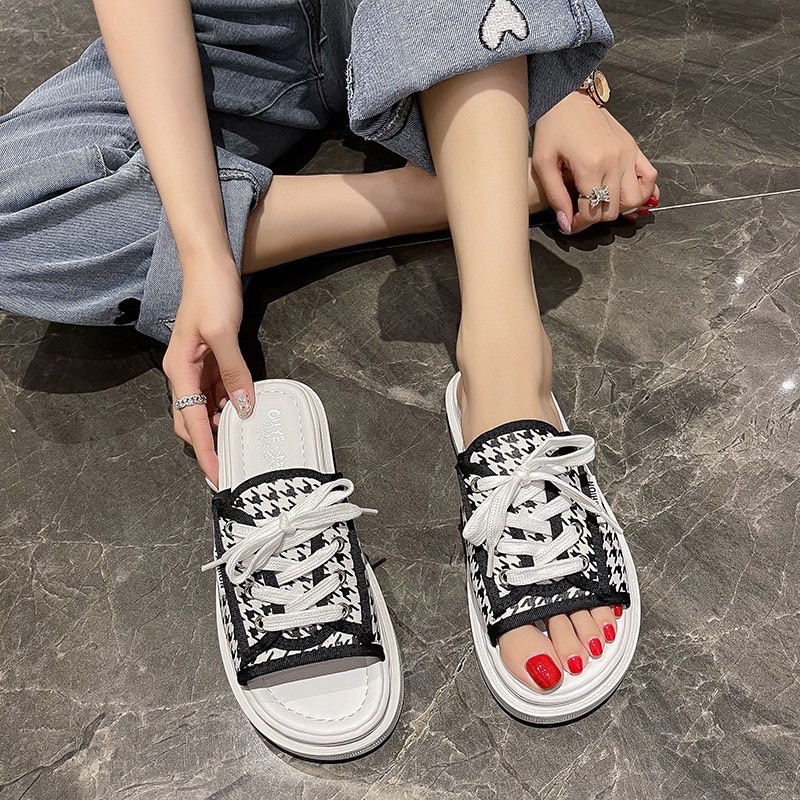 Dép quai ngang nữ dáng thể thao buộc dây mẫu mới, Dép buộc dây mùa hè nhiều họa tiết đế bánh mì cao 3cm yoyo shop