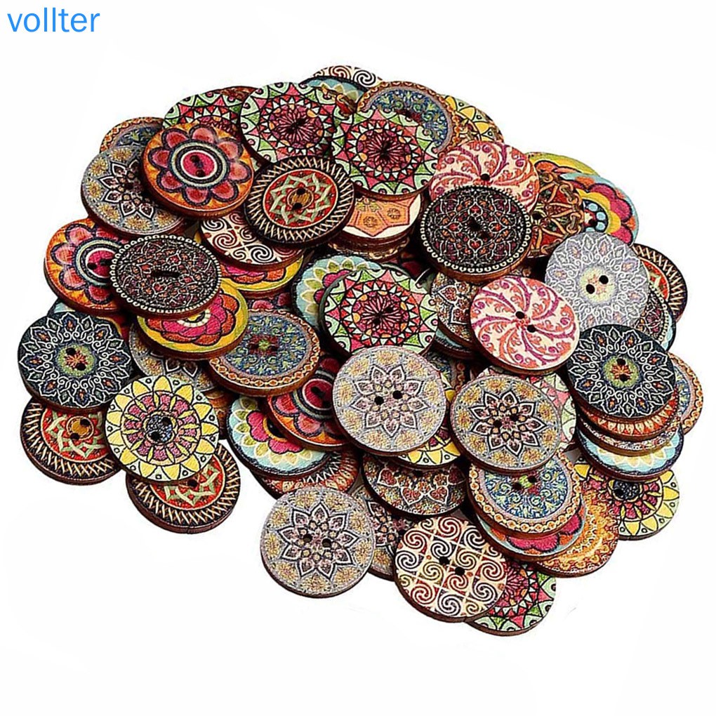 Set 100 nút gỗ DIY hình bông hoa cổ điển