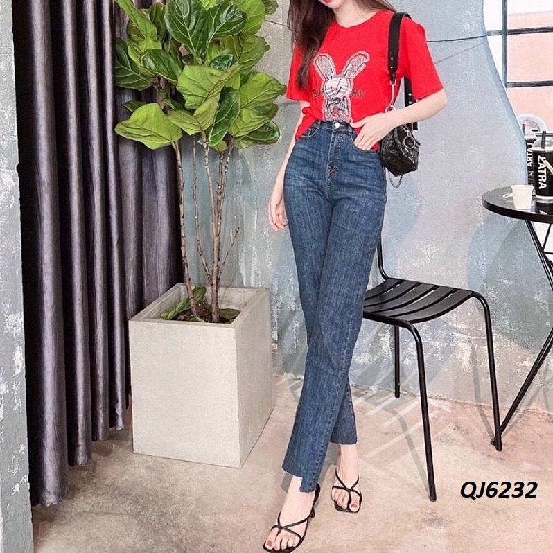 Quần Jeans Ống Đứng Lưng Cao Phủ Rốn Cắt Gấu QJ6232