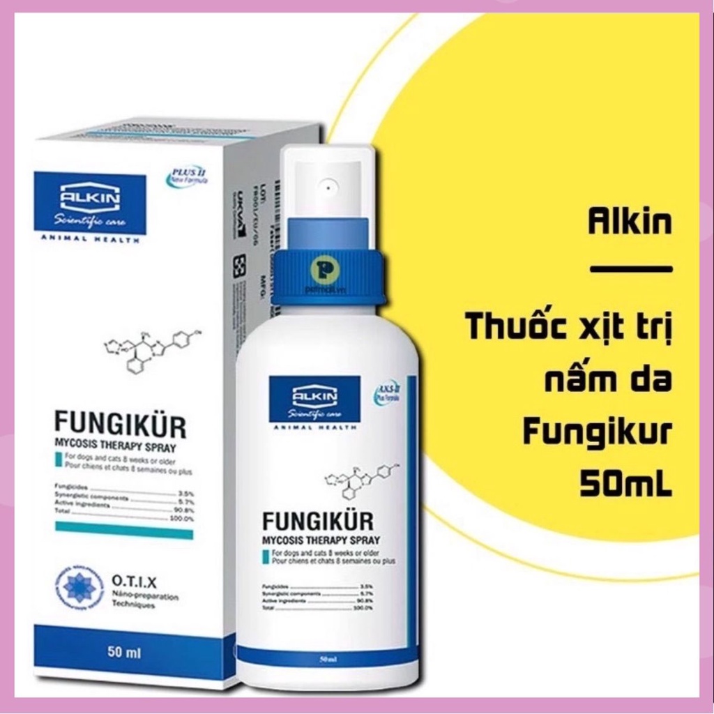 Thuốc Xịt Trị Nấm Cho Da Bị Đóng Vảy Rụng Nhiều Lông Ngứa Dữ Dội Alkin Fungikur 50ml